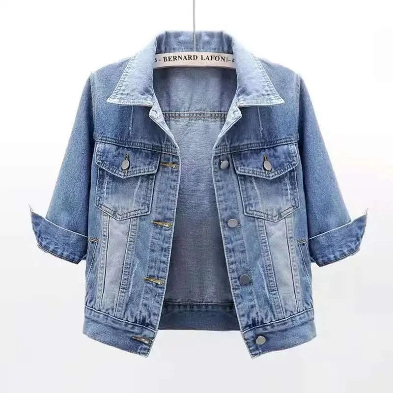 Women’s Cropped Denim Jacket - Button Front Long Sleeve