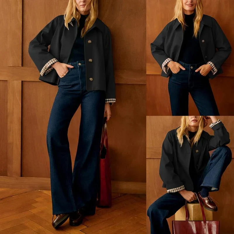 Women’s Cropped Denim Jacket - Oversized Fit Gingham Cuffs
