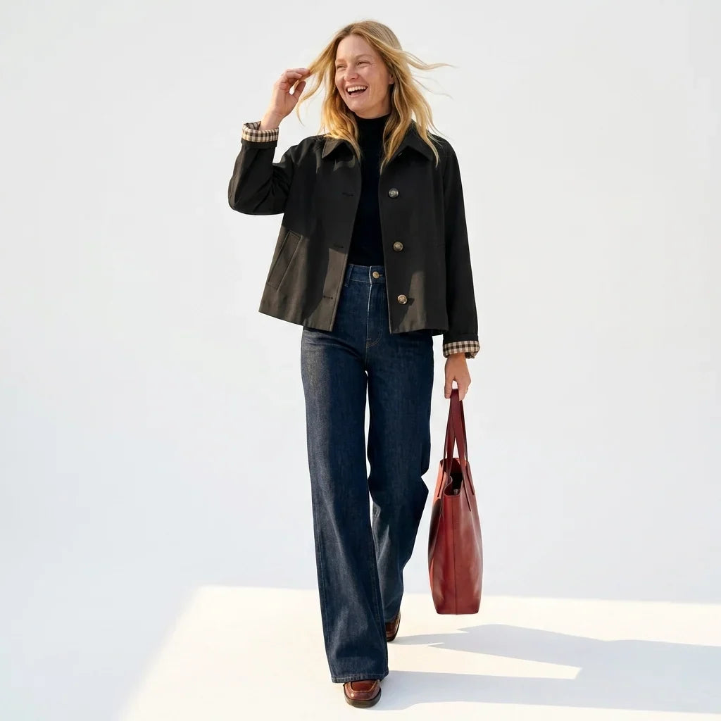 Women’s Cropped Denim Jacket - Oversized Fit Gingham Cuffs