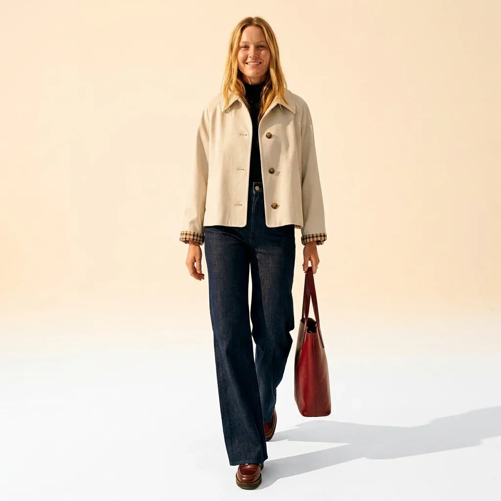 Women’s Cropped Denim Jacket - Oversized Fit Gingham Cuffs