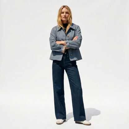 Women’s Cropped Denim Jacket - Oversized Fit Gingham Cuffs
