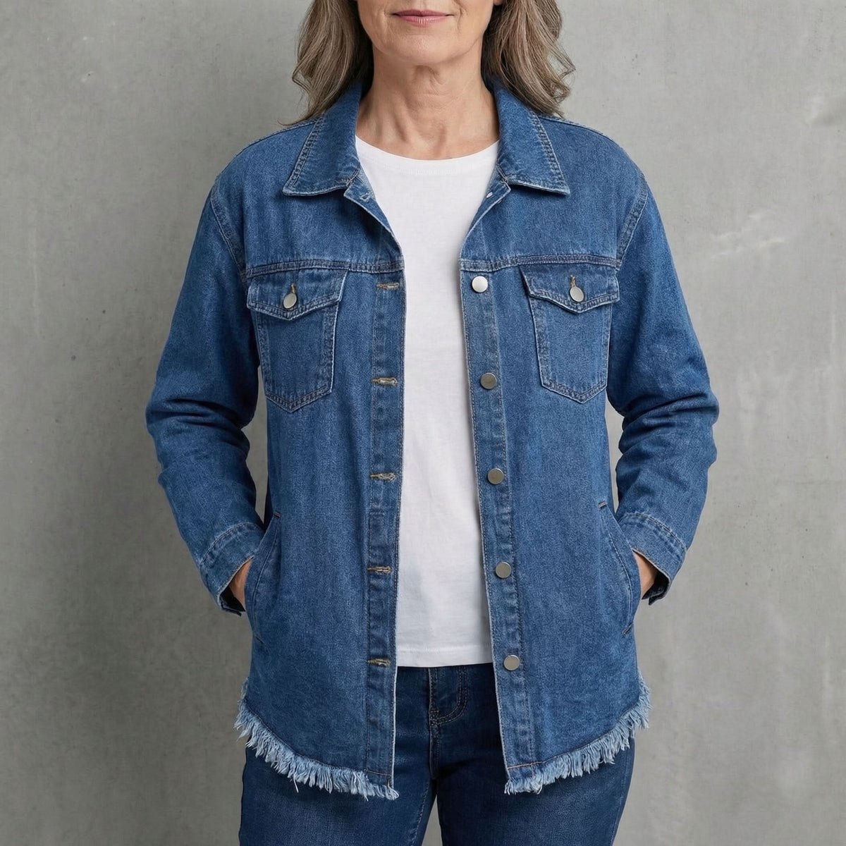Women’s Denim Jacket - Frayed Hem Button Front Long Sleeve