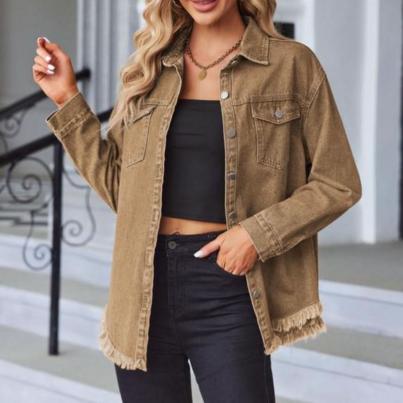 Women’s Denim Jacket - Frayed Hem Button Front Long Sleeve