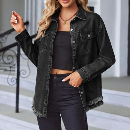 Women’s Denim Jacket - Frayed Hem Button Front Long Sleeve