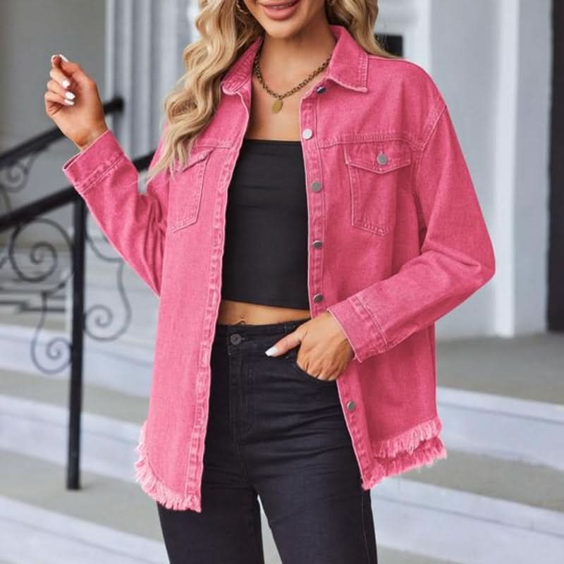 Women’s Denim Jacket - Frayed Hem Button Front Long Sleeve