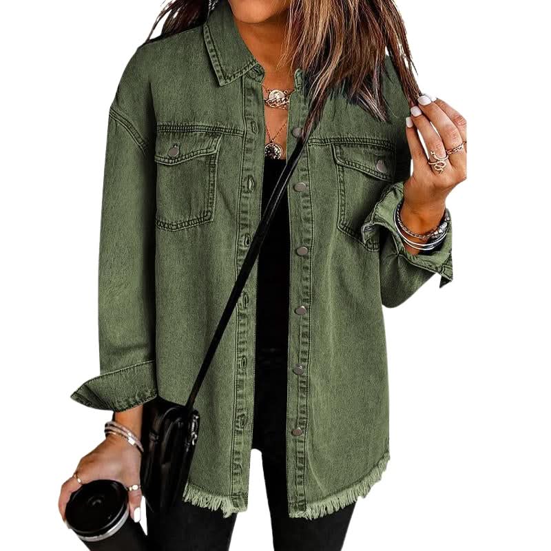 Women’s Denim Jacket - Frayed Hem Button Front Long Sleeve