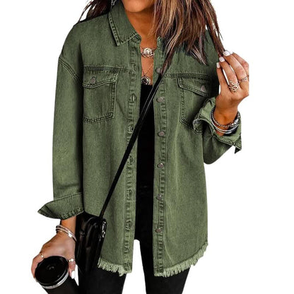 Women’s Denim Jacket - Frayed Hem Button Front Long Sleeve