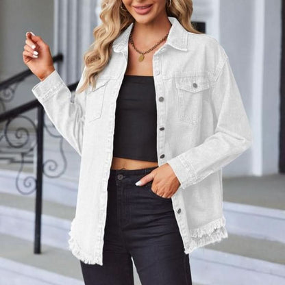 Women’s Denim Jacket - Frayed Hem Button Front Long Sleeve