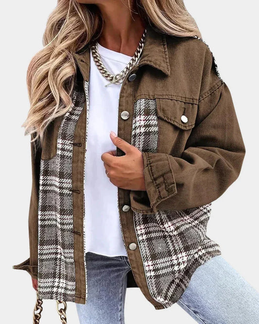 Women's Plaid Denim Jacket - Contrast Long Sleeve