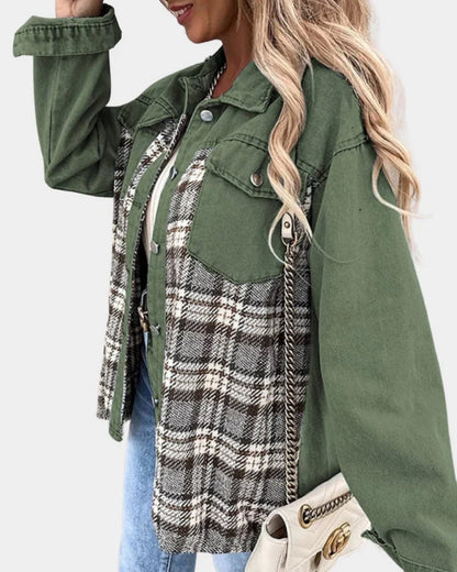 Women's Plaid Denim Jacket - Contrast Long Sleeve