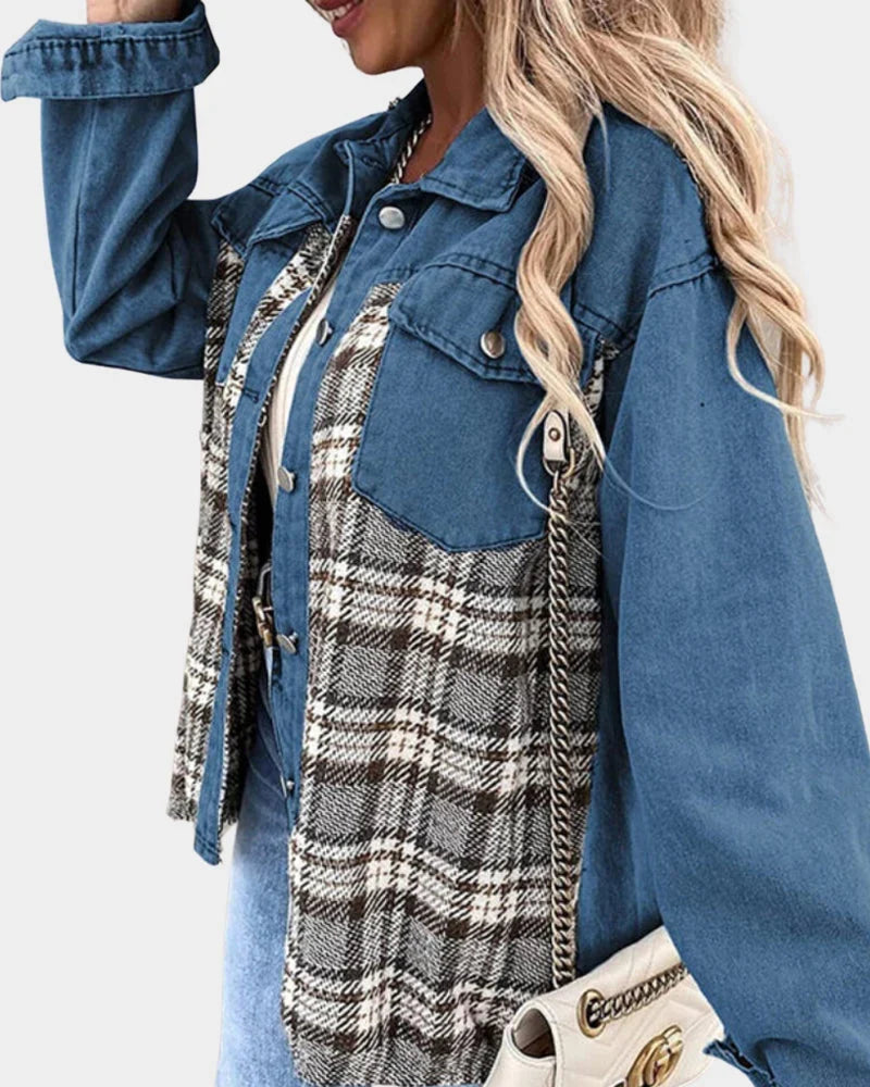 Women's Plaid Denim Jacket - Contrast Long Sleeve