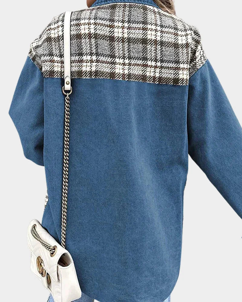 Women's Plaid Denim Jacket - Contrast Long Sleeve