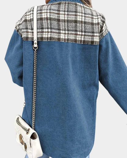 Women's Plaid Denim Jacket - Contrast Long Sleeve