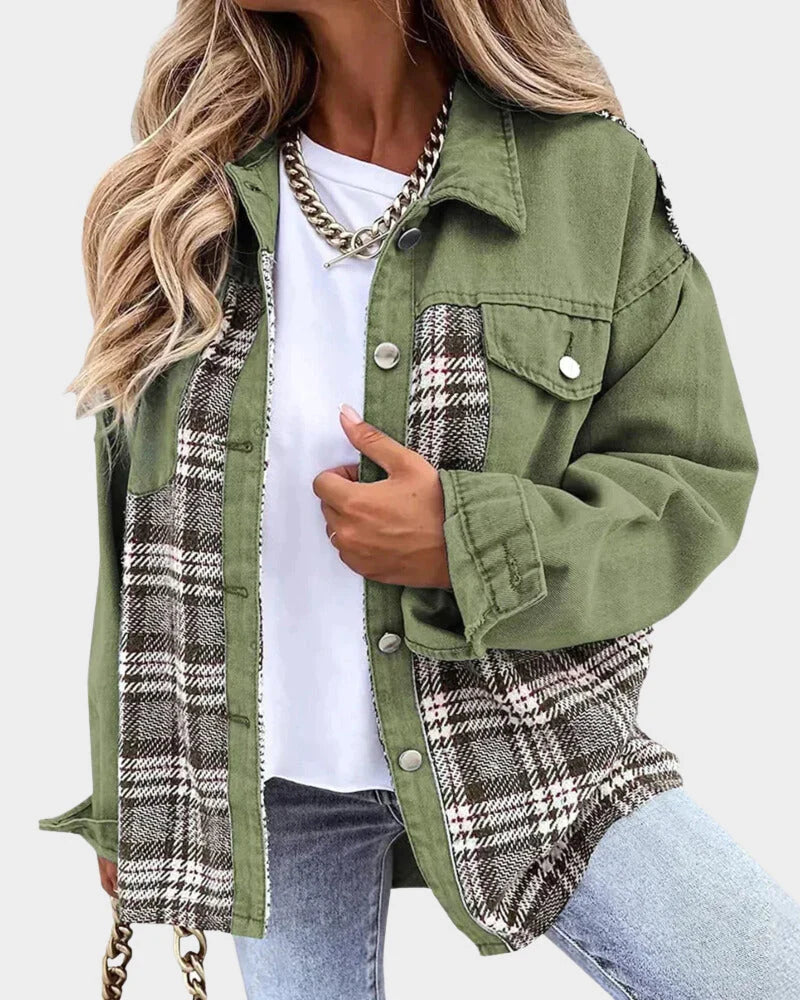 Women's Plaid Denim Jacket - Contrast Long Sleeve