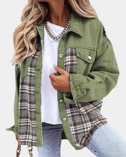 Women's Plaid Denim Jacket - Contrast Long Sleeve