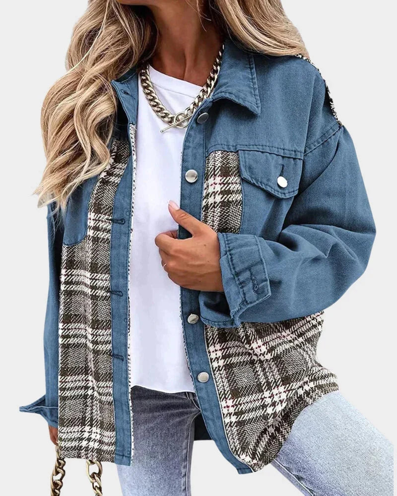 Women's Plaid Denim Jacket - Contrast Long Sleeve