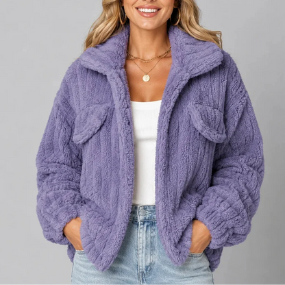 Women's Teddy Fleece Jacket – Wide Collar Button Front
