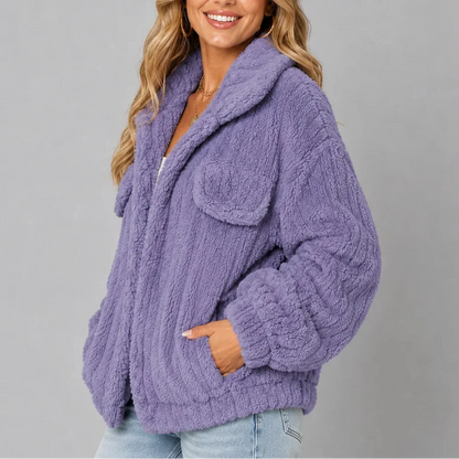 Women's Teddy Fleece Jacket – Wide Collar Button Front