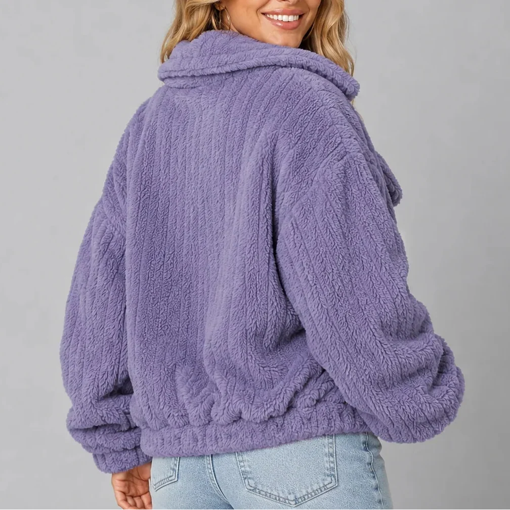 Women's Teddy Fleece Jacket – Wide Collar Button Front
