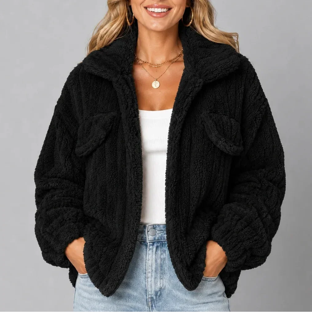 Women's Teddy Fleece Jacket – Wide Collar Button Front