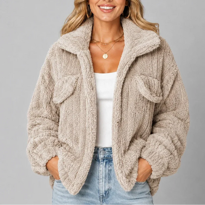 Women's Teddy Fleece Jacket – Wide Collar Button Front
