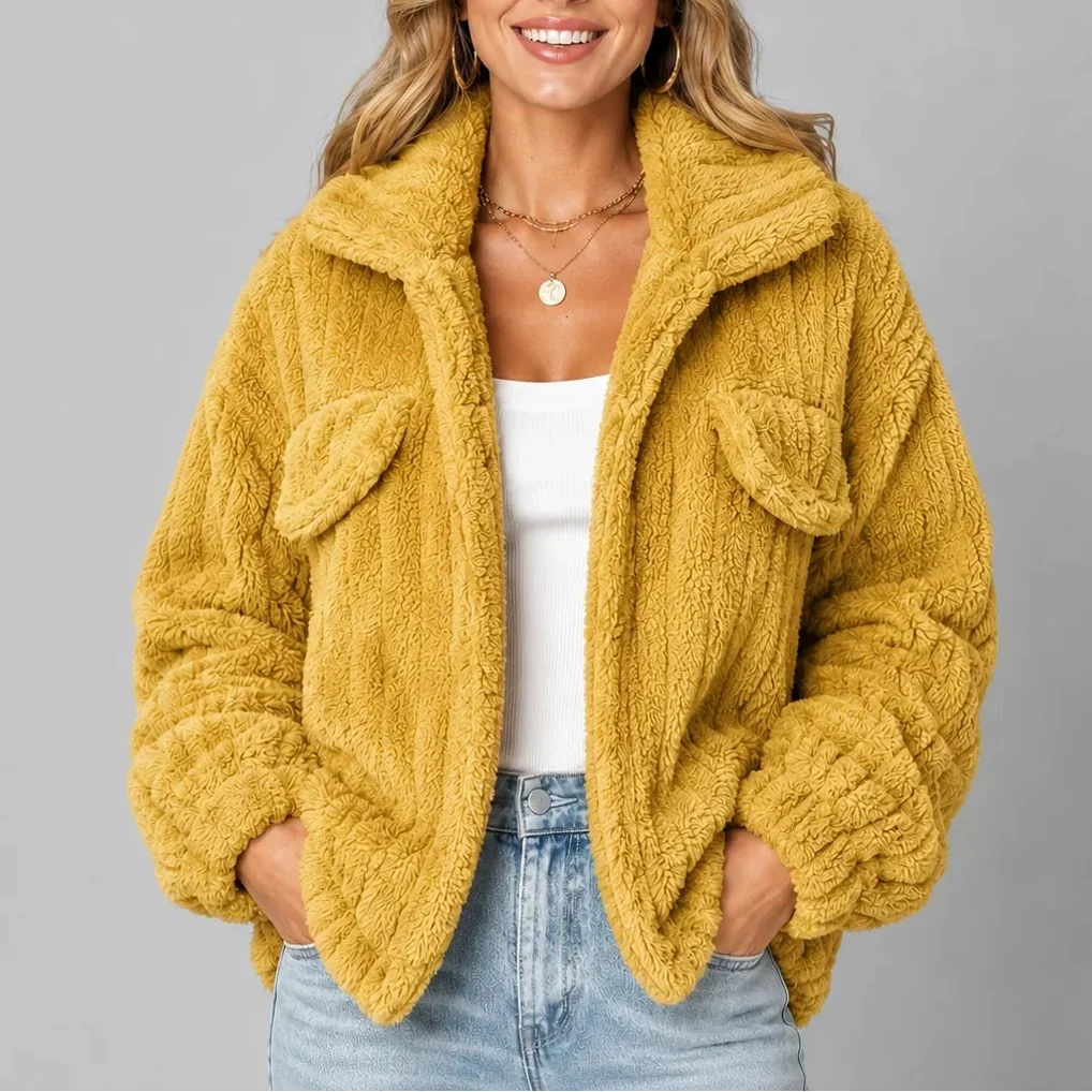 Women's Teddy Fleece Jacket – Wide Collar Button Front