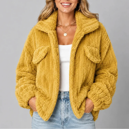 Women's Teddy Fleece Jacket – Wide Collar Button Front