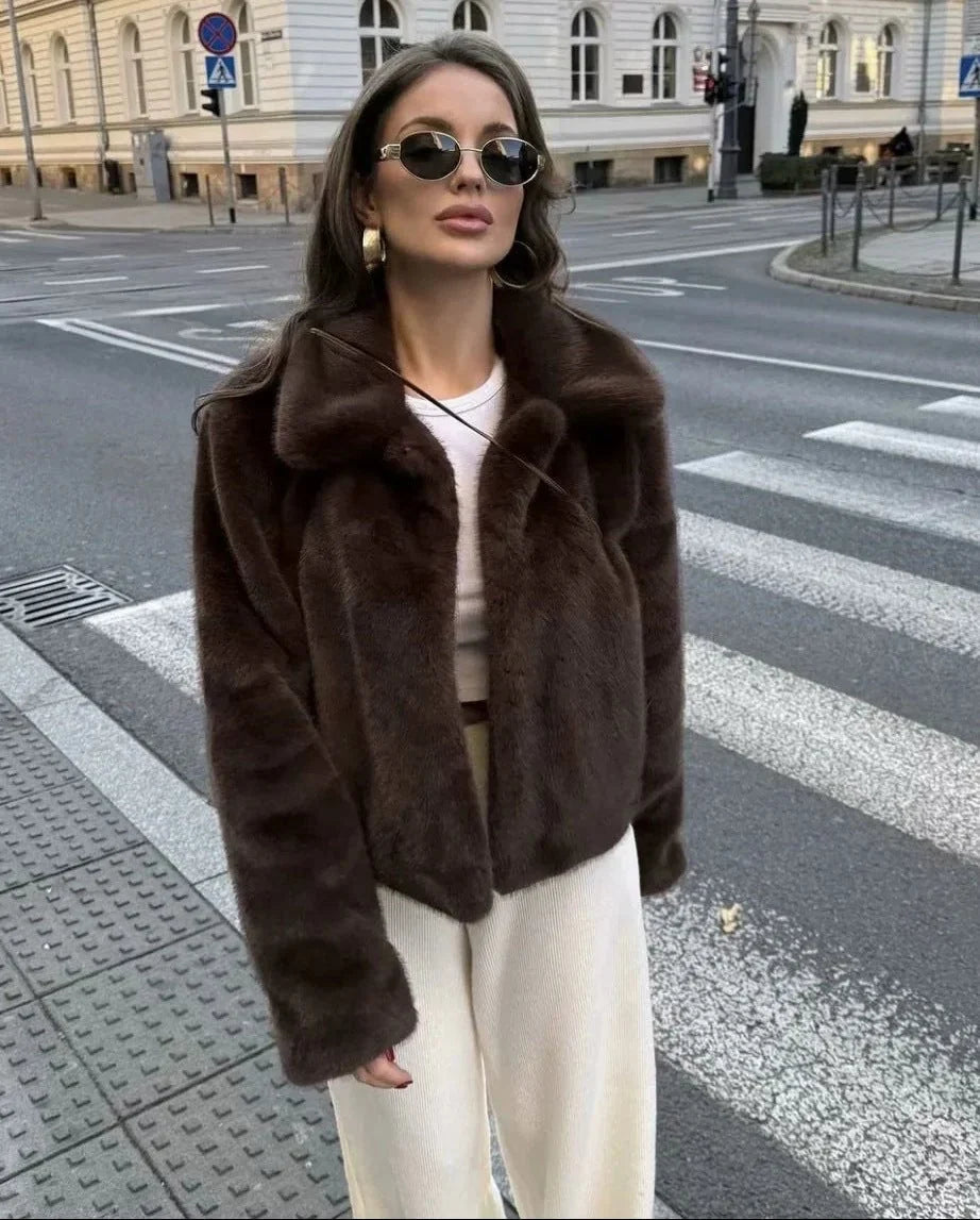 Women's Brown Faux Fur Coat – Short with Lapel Collar