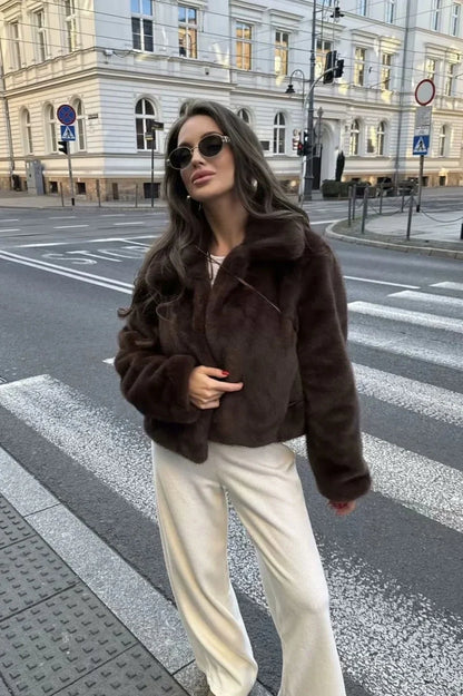 Women's Brown Faux Fur Coat – Short with Lapel Collar