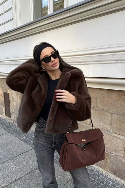 Women's Brown Faux Fur Coat – Short with Lapel Collar