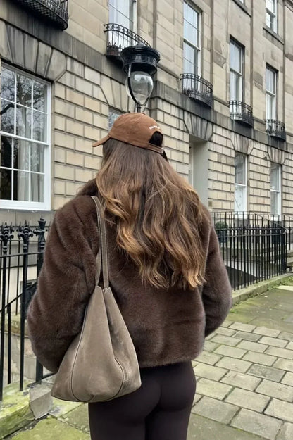 Women's Brown Faux Fur Coat – Short with Lapel Collar