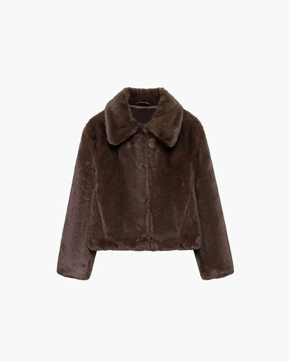 Women's Brown Faux Fur Coat – Short with Lapel Collar