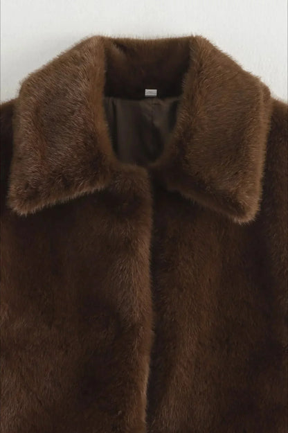Women's Brown Faux Fur Coat – Short with Lapel Collar
