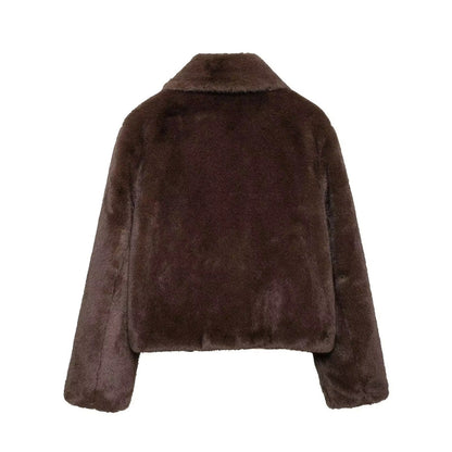 Women's Brown Faux Fur Coat – Short with Lapel Collar