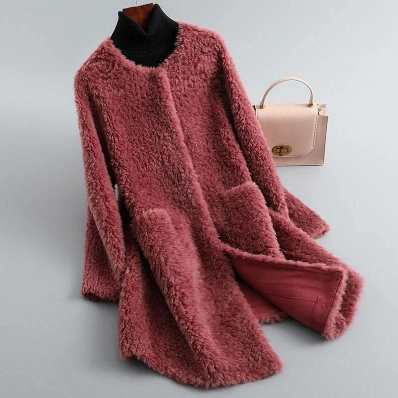 Women's Long Shearling Coat – Draped Silhouette