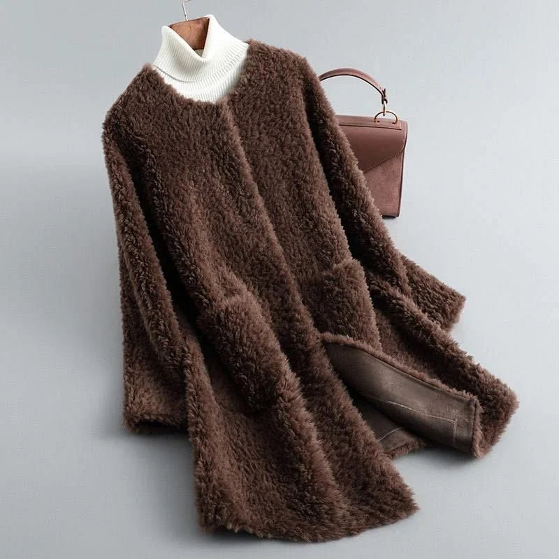 Women's Long Shearling Coat – Draped Silhouette
