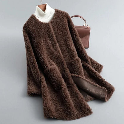 Women's Long Shearling Coat – Draped Silhouette