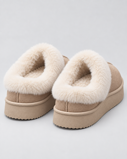 Women's Fur Trim Slippers - Platform Closed Toe Backless