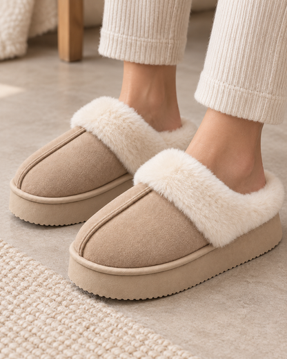 Women's Fur Trim Slippers - Platform Closed Toe Backless