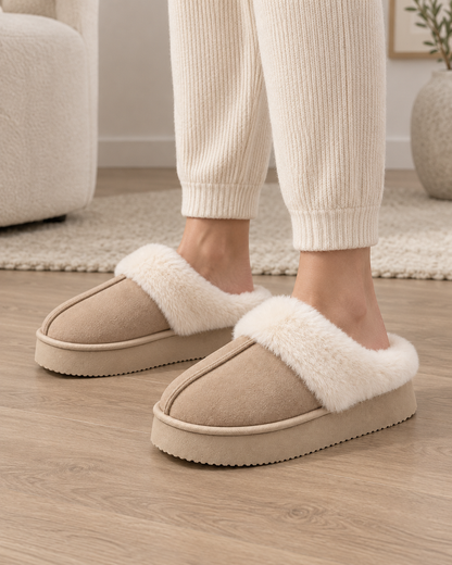 Women's Fur Trim Slippers - Platform Closed Toe Backless