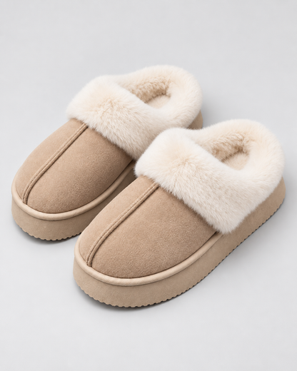 Women's Fur Trim Slippers - Platform Closed Toe Backless