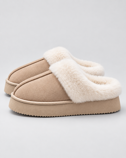 Women's Fur Trim Slippers - Platform Closed Toe Backless