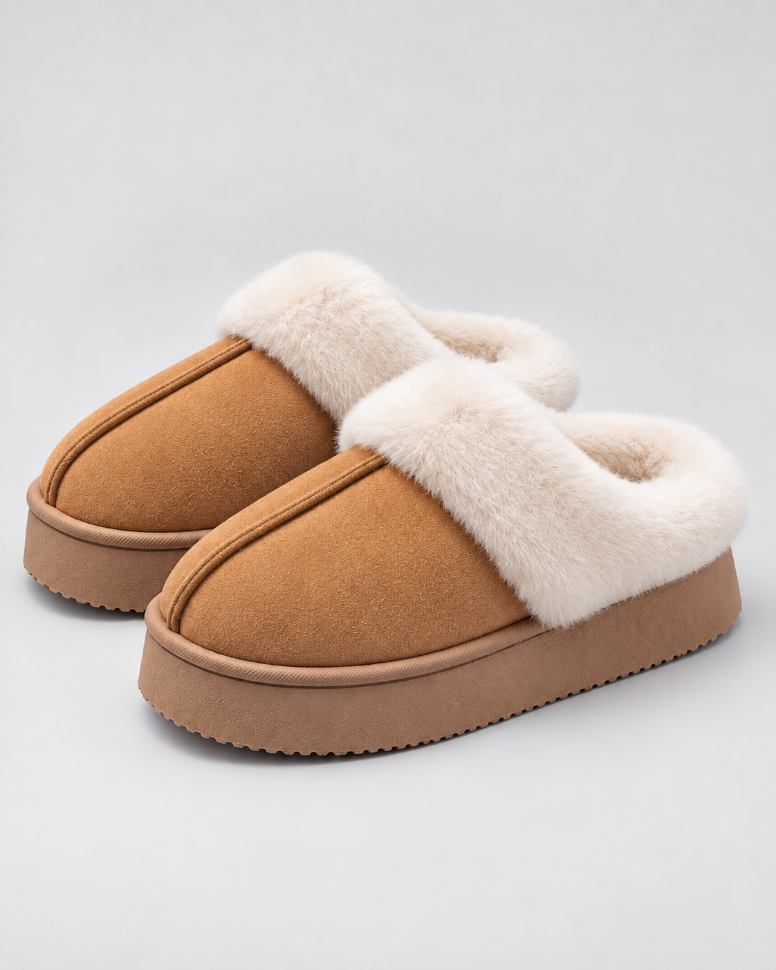Women's Fur Trim Slippers - Platform Closed Toe Backless