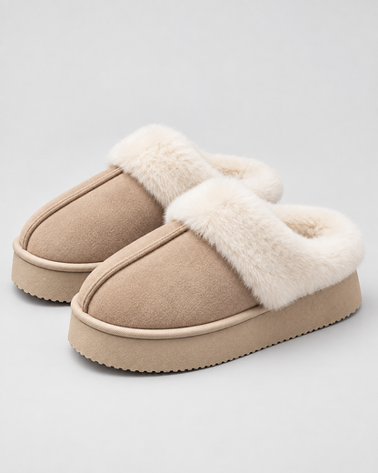 Women's Fur Trim Slippers - Platform Closed Toe Backless