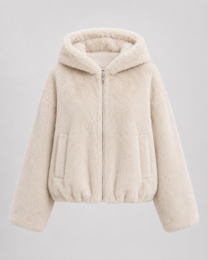 Women's Faux Fur Jacket - Hooded Zip Up Plush Jacket