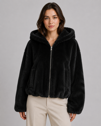 Women's Faux Fur Jacket - Hooded Zip Up Plush Jacket