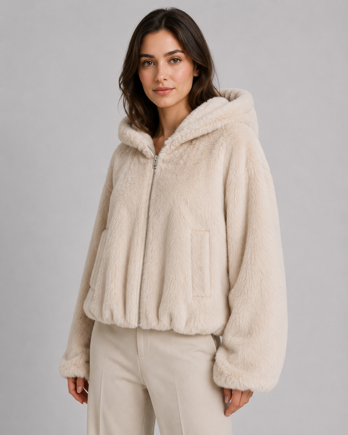 Women's Faux Fur Jacket - Hooded Zip Up Plush Jacket