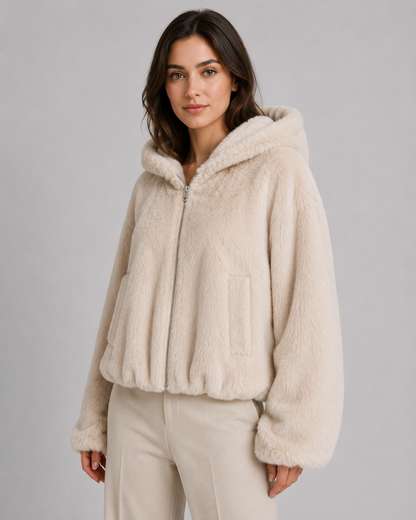Women's Faux Fur Jacket - Hooded Zip Up Plush Jacket