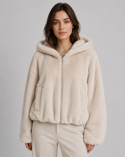 Women's Faux Fur Jacket - Hooded Zip Up Plush Jacket