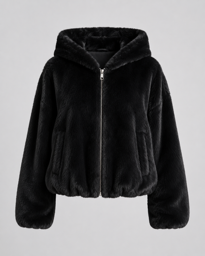 Women's Faux Fur Jacket - Hooded Zip Up Plush Jacket